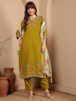 Shopping Queen - Women Yellow Viscose Embroidered Kurta and Pant with Dupatta