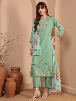 Shopping Queen - Women Green Viscose Embroidered Kurta and Pant with Dupatta