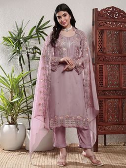 Shopping Queen - Women Purple Silk Embroidered Kurta and Pant with Dupatta