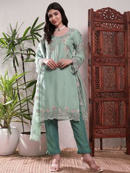 Shopping Queen - Women Green Silk Embroidered Kurta and Pant with Dupatta