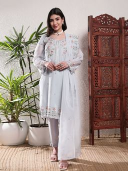 Shopping Queen - Women Blue Silk Embroidered Kurta and Pant with Dupatta