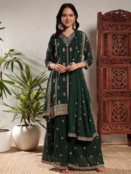 Shopping Queen - Women Green Georgette Embroidered Kurta and Palazzo with Dupatta
