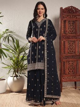 Shopping Queen - Women Blue Georgette Embroidered Kurta and Palazzo with Dupatta