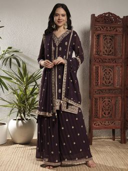Shopping Queen - Women Brown Georgette Embroidered Kurta and Palazzo with Dupatta