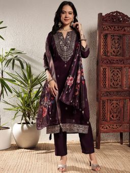 Shopping Queen - Women Purple Silk Embroidered Kurta and Pant with Dupatta