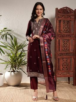 Shopping Queen - Women Maroon Silk Embroidered Kurta and Pant with Dupatta