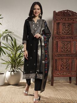 Shopping Queen - Women Black Silk Embroidered Kurta and Pant with Dupatta