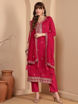 Shopping Queen - Women Pink Silk Embroidered Kurta and Pant with Dupatta