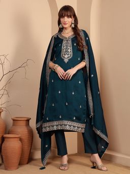 Shopping Queen - Women Blue Silk Embroidered Kurta and Pant with Dupatta
