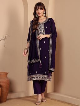 Shopping Queen - Women Purple Silk Embroidered Kurta and Pant with Dupatta
