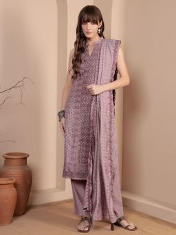 Shopping Queen - Women Purple Silk Embroidered Kurta and Pant with Dupatta