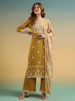 Shopping Queen - Women Yellow Viscose Embroidered Kurta and Palazzo with Dupatta