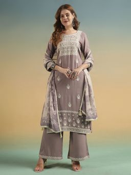 Shopping Queen - Women Purple Viscose Embroidered Kurta and Palazzo with Dupatta
