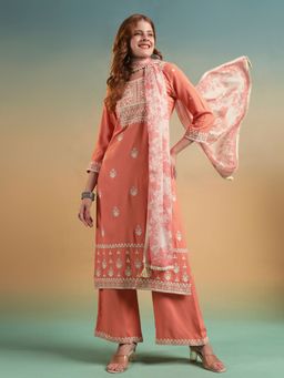 Shopping Queen - Women Orange Viscose Embroidered Kurta and Palazzo with Dupatta