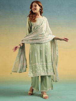 Shopping Queen - Women Green Viscose Embroidered Kurta and Palazzo with Dupatta