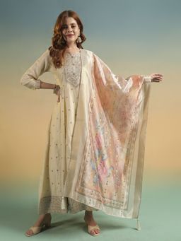 Shopping Queen - Women Beige Silk Embroidered Kurta and Pant with Dupatta