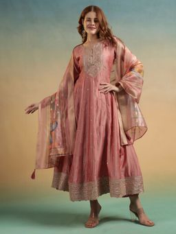 Shopping Queen - Women Orange Silk Embroidered Kurta and Pant with Dupatta