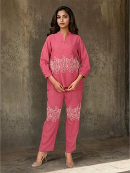 Dora Dori - Pink Thread Work Mandarin Neck Rayon Co-Ord Set