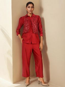 Dora Dori - Maroon Embellished Collar Neck Jacket Co-Ord Set