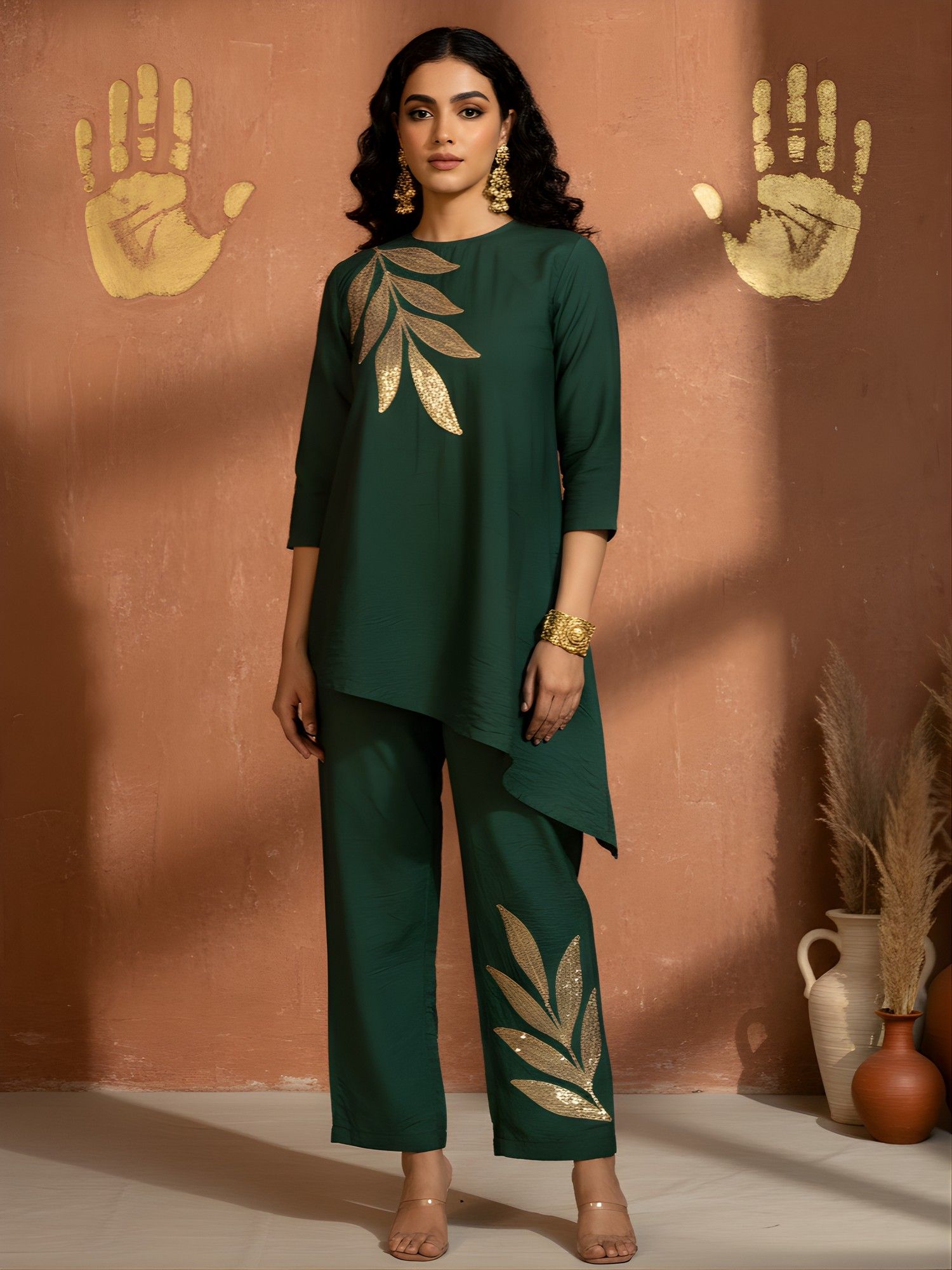 dora dori Green Embellished Crew Neck Co-Ord Set-picture-20
