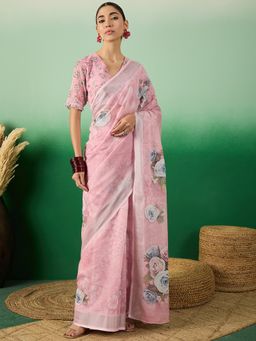 INDDUS - Women Pink Floral Printed Saree with Unstitched Blouse