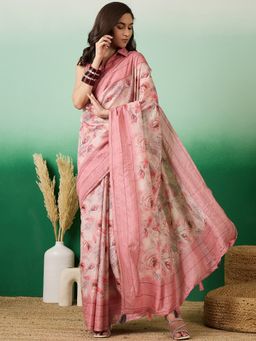 INDDUS - Women Pink Floral Printed Saree with Unstitched Blouse