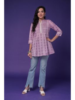 Zari Jaipur - Women Purple Cotton Tunic with Print and Embroidery