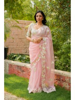 Zari Jaipur - Organza Pink Saree with Unstitched Blouse