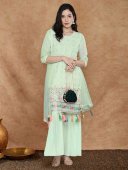 KVS FAB - Women Green Georgette Embroidered Kurta and Sharara with Dupatta