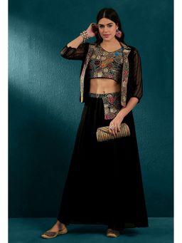 KVS FAB - Women Black Georgette Embroidered Top and Palazzo with Jacket