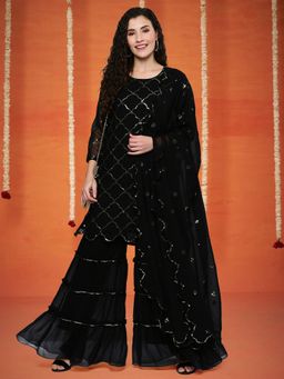KVS FAB - Women Black Georgette Embroidered Kurta and Sharara with Dupatta