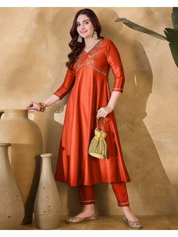 KVS FAB - Women Orange Silk Blend Embroidered Kurta and Pant