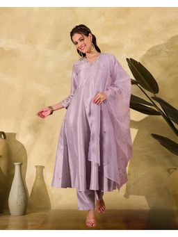 KVS FAB - Women Purple Silk Blend Embroidered Kurta and Pant with Dupatta
