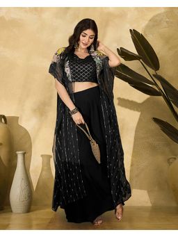 KVS FAB - Women Black Silk Blend Embroidered Blouse and Palazzo with Shrug