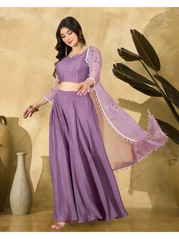 KVS FAB - Women Lavender Silk Blend Solid Blouse and Palazzo with Shrug