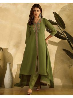 KVS FAB - Women Green Silk Blend Embroidered Kurta and Pant with Dupatta