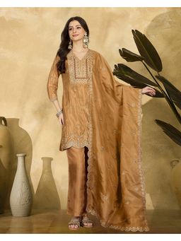 KVS FAB - Women Gold Silk Blend Embroidered Kurta and Pant with Dupatta