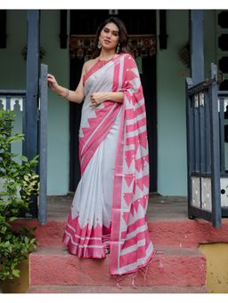 ALMAARI FASHION - Linen Handloom Printed Grey Tassels Saree with Unstitched Blouse