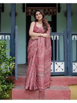 ALMAARI FASHION - Graceful Handloom Linen Brown Tassels Saree with Unstitched Blouse