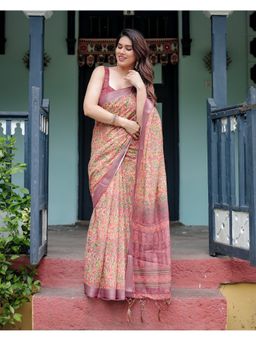 ALMAARI FASHION - Designer Floral Print Handloom Linen Peach Tassels Saree with Unstitched Blouse