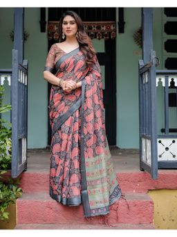ALMAARI FASHION - Pastel Floral Handloom Linen Grey Tassels Saree with Unstitched Blouse