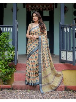 ALMAARI FASHION - Ethnic Handloom Linen Yellow Tassels Saree with Unstitched Blouse