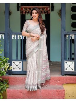 ALMAARI FASHION - Printed Handloom Linen Grey Tassels Saree with Unstitched Blouse