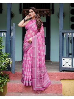 ALMAARI FASHION - Soft Handloom Linen Magenta Tassels Saree with Unstitched Blouse