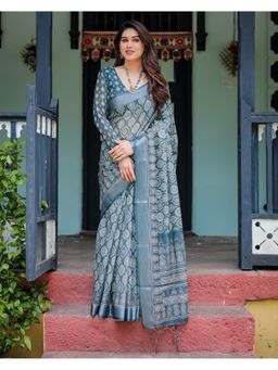 ALMAARI FASHION - Stylish Linen Handloom Blue Tassels Saree with Unstitched Blouse