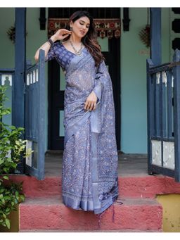 ALMAARI FASHION - Festive Ready Handloom Linen Blue Tassels Saree with Unstitched Blouse