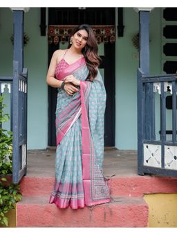 ALMAARI FASHION - Handloom Linen Floral Printed Blue Tassels Saree with Unstitched Blouse