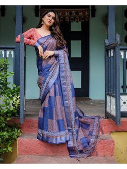 ALMAARI FASHION - Handloom Linen Floral Printed Blue Tassels Saree with Unstitched Blouse