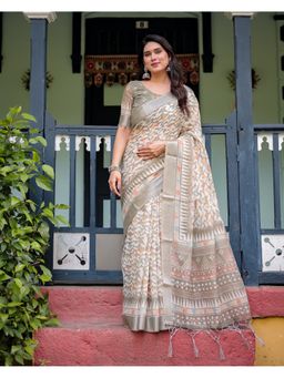 ALMAARI FASHION - Pastel Floral Handloom Linen Grey Tassels Saree with Unstitched Blouse