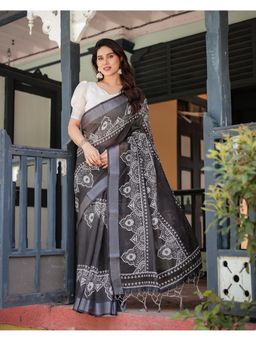 ALMAARI FASHION - Handloom Linen Floral Printed Black Tassels Saree with Unstitched Blouse